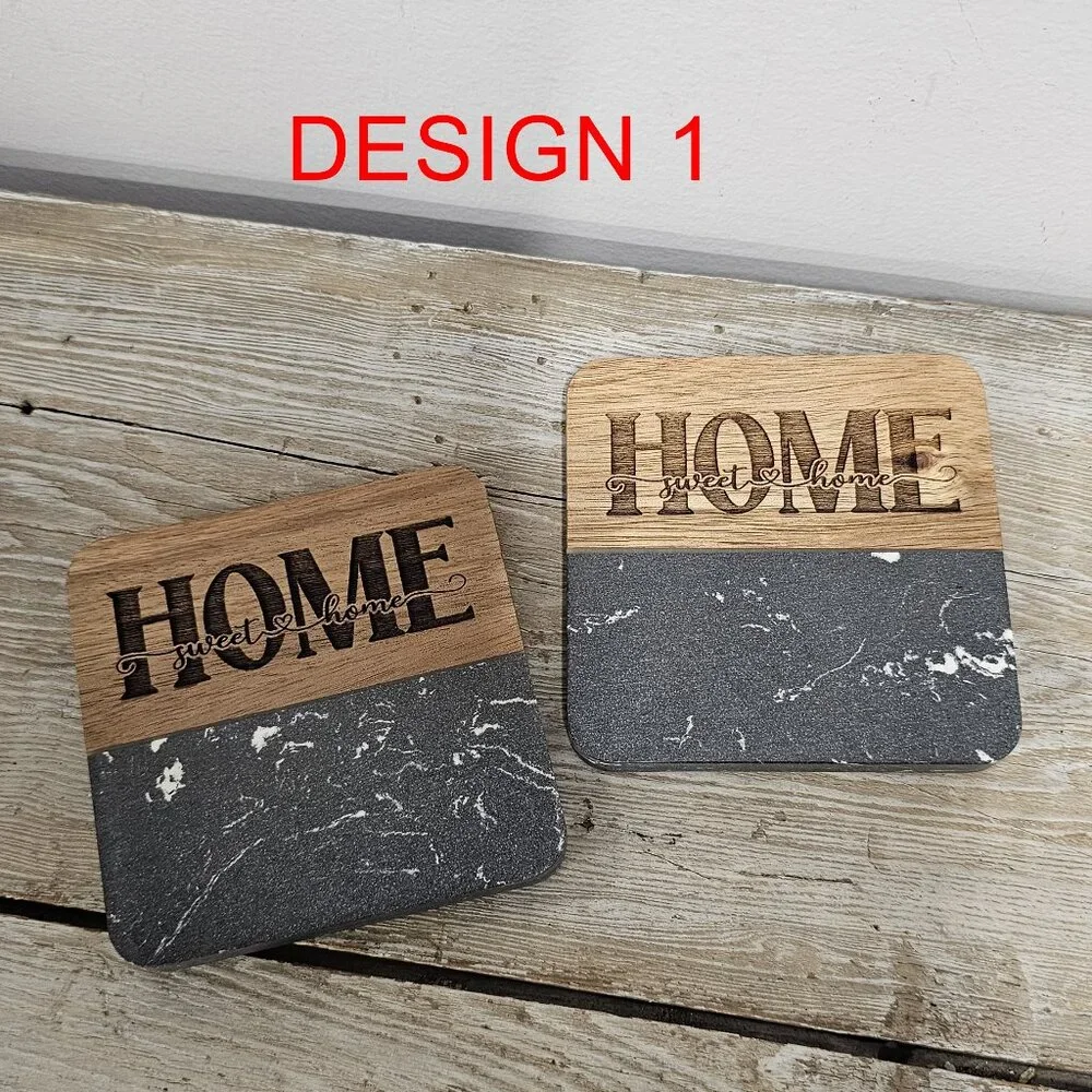 2 square acacia wood and black marble coasters, available in 2 different designs